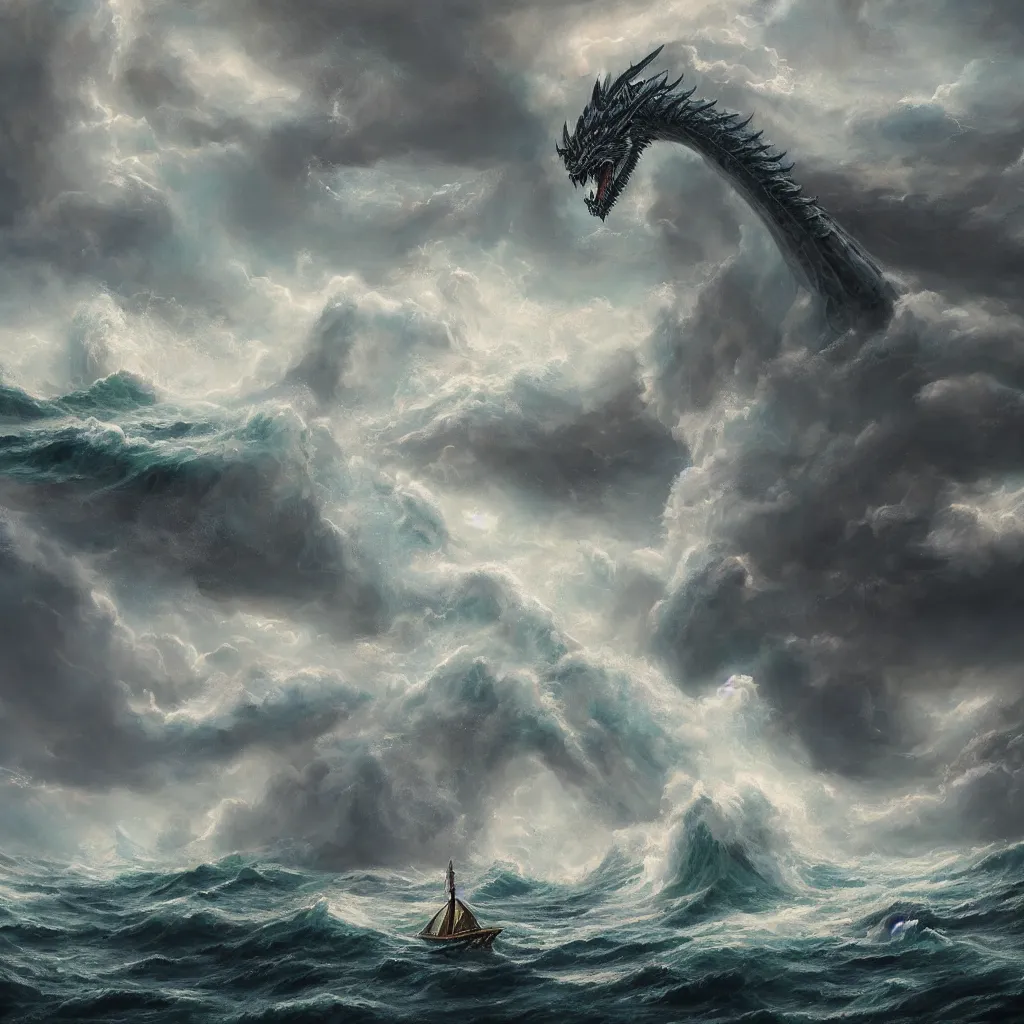 Image similar to a fantasy book style portrait of a giant dragon, stormy sea, giant waves, lightning, small boat, oil painting, 4 k