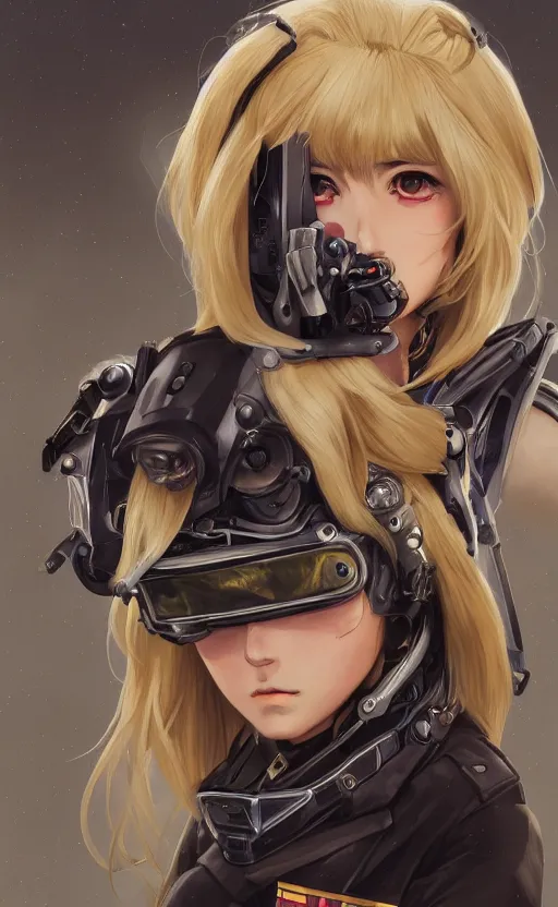 Image similar to portrait mechanized valkyrie, anime style, world war 2, top gun clothing, ace pilot, blonde hair, hair down, symmetrical facial features, from arknights, hyper realistic, 4 k, rule of thirds, extreme detail, detailed drawing, safebooru, hd, d & d, realistic lighting, by alphonse mucha, greg rutkowski, backlit
