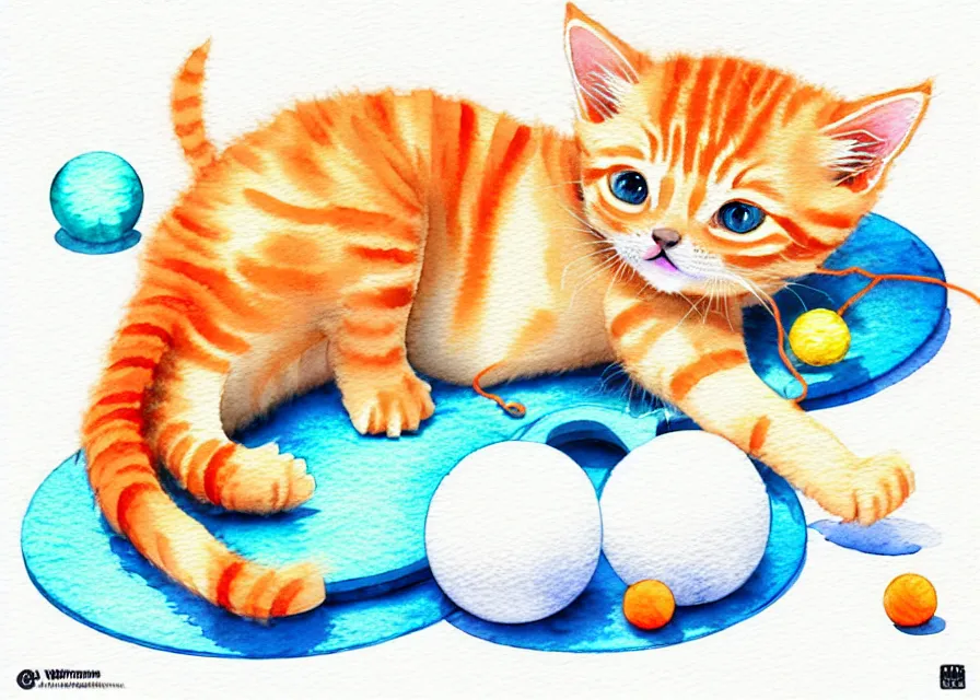 Prompt: cute and funny, orange tabby kitten playing with a ball of yarn, centered award winning watercolor pen illustration, isometric illustration by chihiro iwasaki, edited by range murata, tiny details by artgerm and watercolor girl, symmetrically isometrically centered