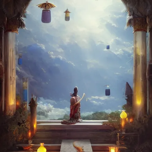 Prompt: painting of a god of wind enjoying his heavenly palace, decorated with windchimes and paper lanterns, stunning nature in background, art by greg rutkowski, cinematic