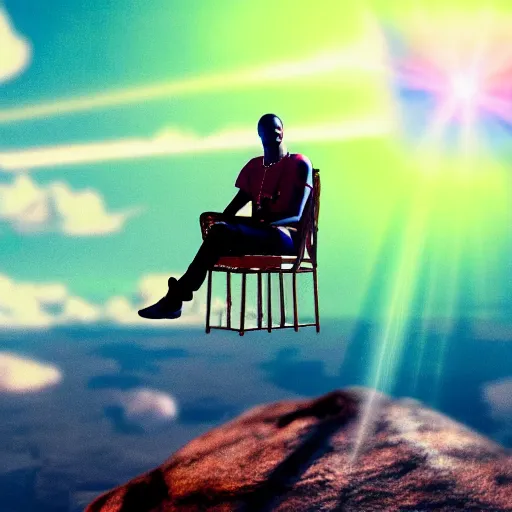 Image similar to Travis Scott sitting on a chair floating over Earth, 4k, Aubrey Powell, vintage photo, lens flare, beautiful cinematography, surreal, film grain