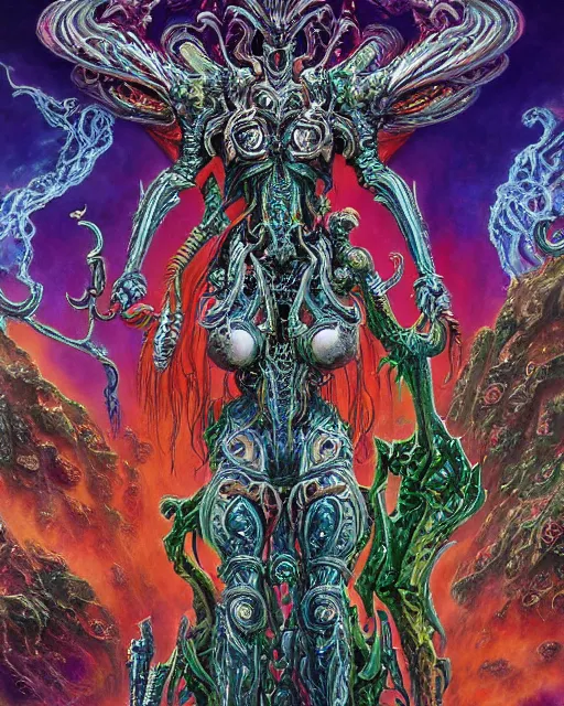 Image similar to silver mechanical charred bloody fleshmetal obliterator cyborg daemonhost woman wearing robes, psychedelic flamer of tzeentch with extra arms gunner, blue and green rainbow fire, by antonio j. manzanedo, alex grey, android jones, wayne barlowe, philippe druillet, josephine wall, harumi hironaka, cronenburg, pixabay