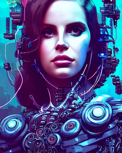 Image similar to portrait of lana del rey as a cyberpunk cyborg. roses, sci - fi, intricate abstract, upper body, intricate artwork, by tooth wu, wlop, beeple, dan mumford. concept art, 8 k octane render, deviantart, greg rutkowski, cinematic, key art, hyperrealism, iridescent accents