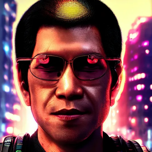 Prompt: cyberpunk ferdinand marcos, macro, vibrant, 30mm photography, gta artstyle, wide shot, dramatic lighting, octane render, hyperrealistic, high quality, highly detailed, artstation, HD, beautiful, cinematic, 8k, unreal engine, facial accuracy, symmetrical