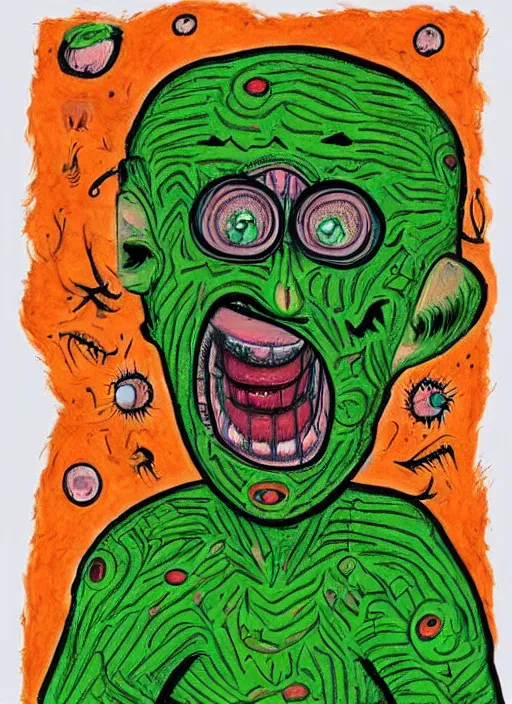 Image similar to a crazy alien art horror portrait, which has weird stretched out eyes and a misshapen mouth, green skin and orange background, art brut by a psycho man, full color crazy outsider outsider art