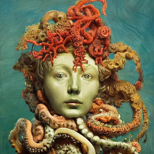 Image similar to a sculpture portrait made of seaweed and coral and shells and octopus, painting part by wojciech siudmak, part by ilya repin, part by max ernst, part by norman rockwell, artstation