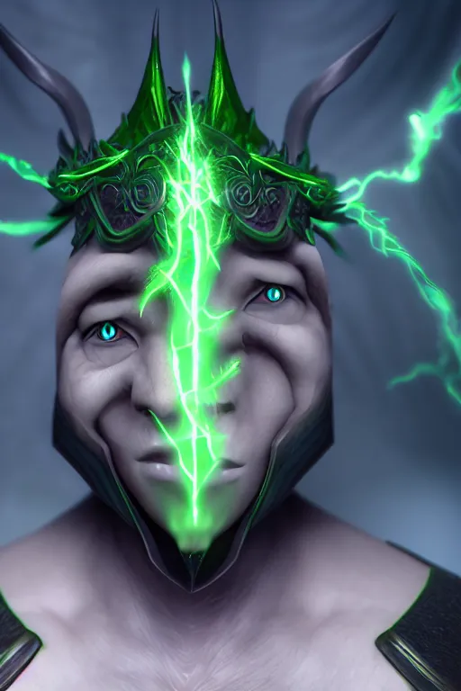 Image similar to character design, dark priest, green lightning, black halo, evil, power, green mist, scary, realistic, 3d, octane render, photorealistic, unreal engine, hellish background