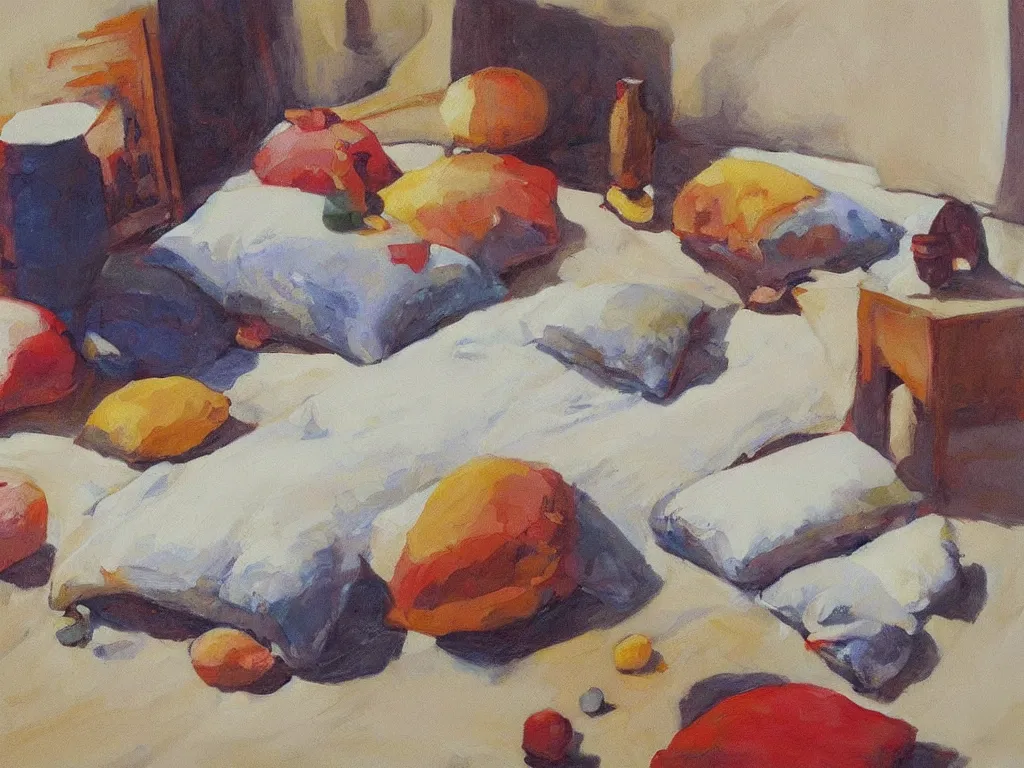 Prompt: still life with a zafu meditation pillow. Painting by Matthias Weischer