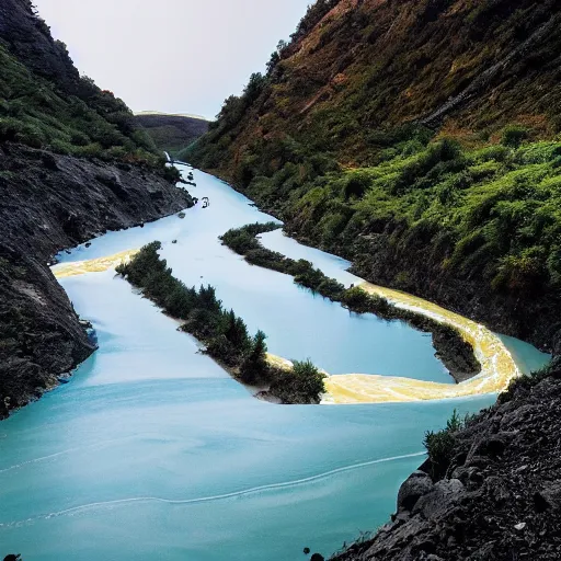 Image similar to a river being swallowed by day and night at the same time