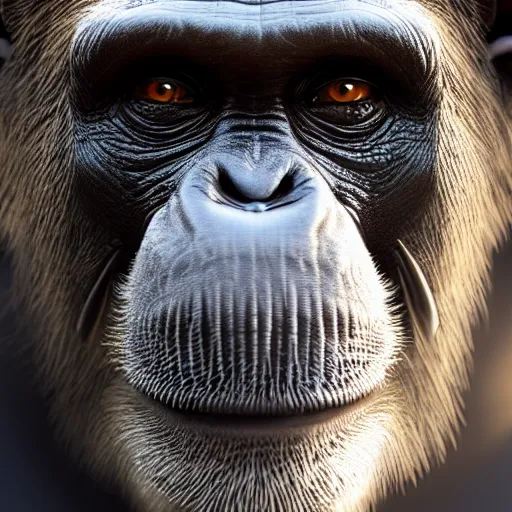 Image similar to a high detail shot of a chimp wearing a suit, smoking, render, cgsociety, photorealism