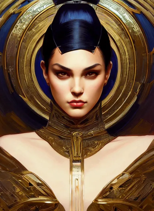 Image similar to symmetry!! kitana, machine parts embedded into face, intricate, elegant, highly detailed, digital painting, artstation, concept art, smooth, sharp focus, illustration, art by artgerm and greg rutkowski and alphonse mucha, 8 k