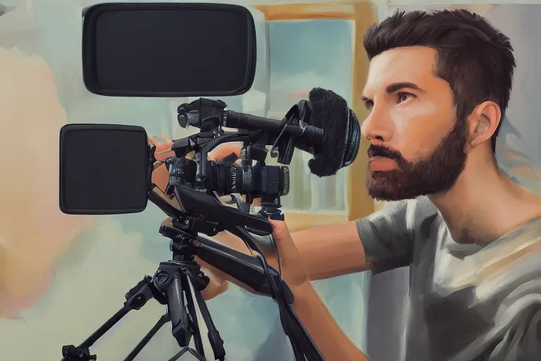 Prompt: a stunning illustration of a content creator recording a video with vlogging equipment, trending on artstation, oil on canvas, hd, 4 k