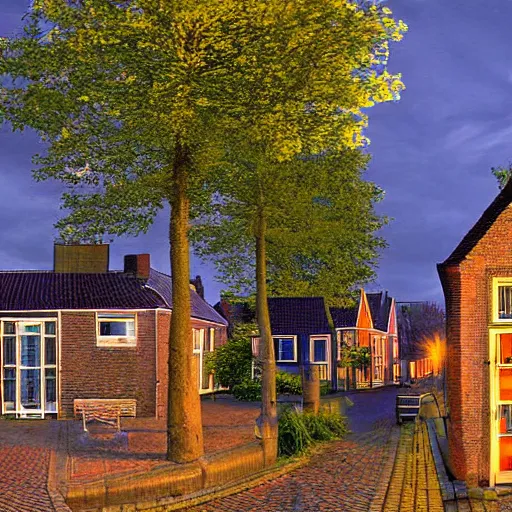 Image similar to a warm summer night in the village center of a small hovel in the netherlands, 2 0 0 8, detailed, wideshot, photorealistic, blue - yellow sky
