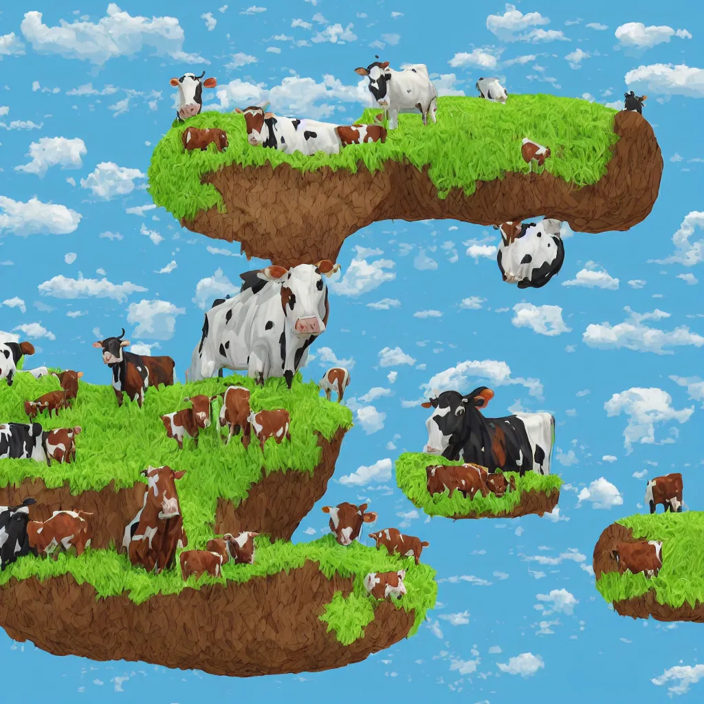 Prompt: a giant cow sitting with a lot of little cows around in a floating island, digital art