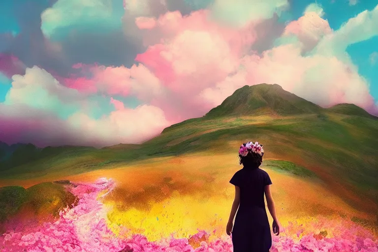 Image similar to giant dahlia flower crown head, girl walking, on mountain, surreal photography, pink storm clouds, dramatic light, impressionist painting, digital painting, artstation, simon stalenhag