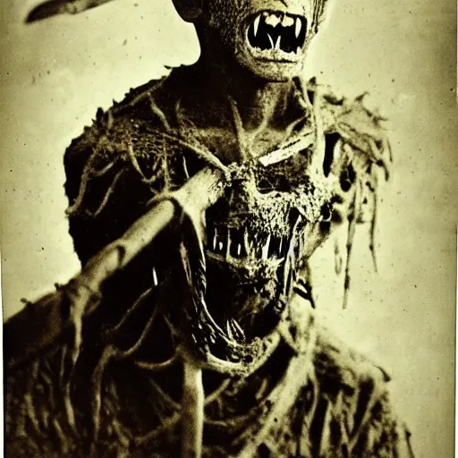 Prompt: ww 1 battlefield old photograph, creepy demonic goblin covered in clumpy mud, tunnels, barbed wire, invoke fear and dread, unsettling daguerreotype, historic photo
