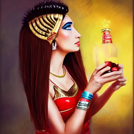 Image similar to a fancy portrait of cleopatra having a coca cola light during lunch break, concept art, detail, realistic, trending on art station, beautiful, colorful, dreamlike