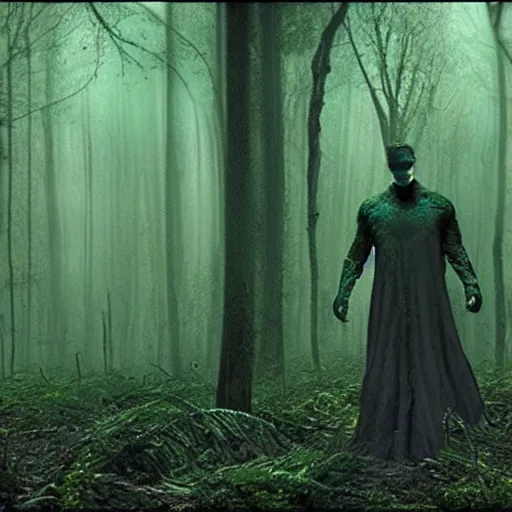 Image similar to dark forest protected by strange creature, the matrix movie style