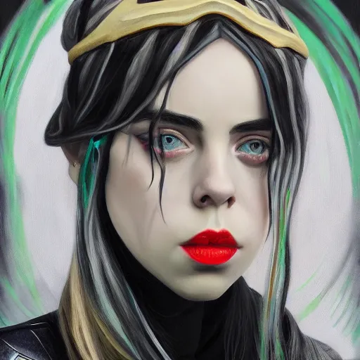 Image similar to Billie Eilish as female loki, oil on canvas, noir, trending on artstation, by Ian Sprigger