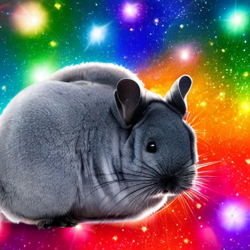 Prompt: chinchilla with mean look in space with galaxy in background, rainbow jellybeans under chinchilla's tail