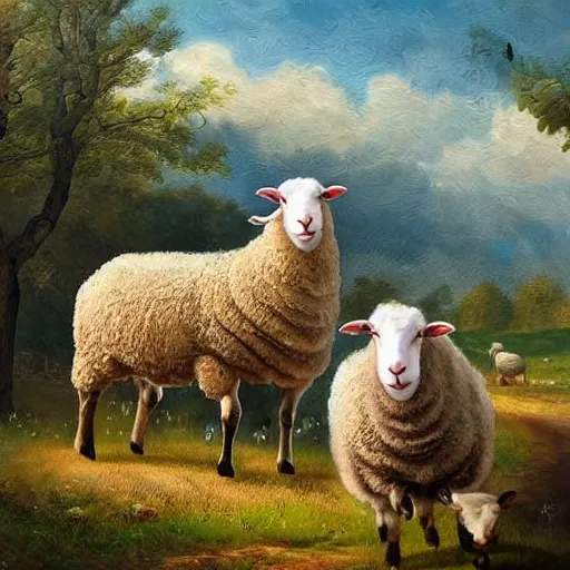 Prompt: three sheep in a wonderful nature scene, beautiful, intricate, hyper detailed, painting