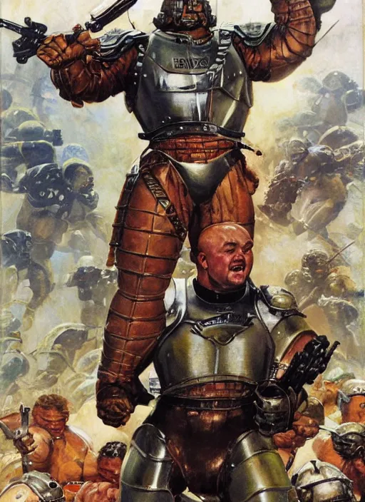 Prompt: full body and head portrait of Hafþór Júlíus Björnsson in science fiction combat armour battling tiny soldiers, dynamic action, painted by norman rockwell and phil hale and greg staples and tom lovell and frank schoonover and jack kirby