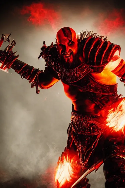 Image similar to red face paint armored screaming kratos rocking out on a flaming stratocaster guitar, cinematic render, god of war 2 0 1 8, playstation studios official media, lightning, flames, left eye red stripe, red left eye stripe, left eye red stripe, red left eye stripe, clear, coherent