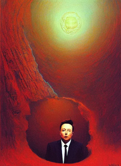 Image similar to A painting of Elon Musk in style of Beksinski. Very detailed