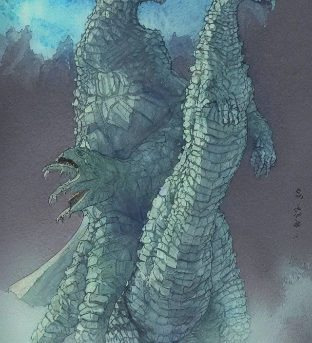 Image similar to a 3 / 4 view watercolor ink painting of godzilla with a glock in the style of jean giraud in the style of moebius trending on artstation deviantart pinterest detailed realistic hd 8 k high resolution