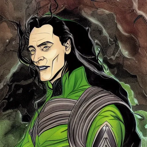 Image similar to The artwork is conceptual artwork for a graphic novel that shows Loki, the god of mischief, in a variety of emotional states. Lee Garbell produced the artwork in 2015. The illustration is wonderfully detailed, and each expression on Loki's face is well captured.