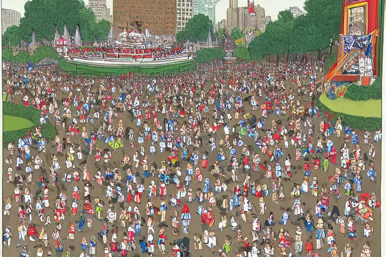 Image similar to an elaborate penned child illustration of a convention of waldo's in new york city and central park, where's wally, where's waldo, by martin hand ford and by jan van haasteren