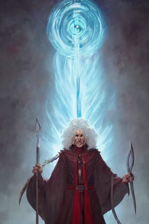 Image similar to An awesome full body portrait painting of Raistlin Majere with the Staff of Magius by Greg Rutkowski, Wizards of the Coast, Dragonlance, Craig Mullins, trending on Artstation.