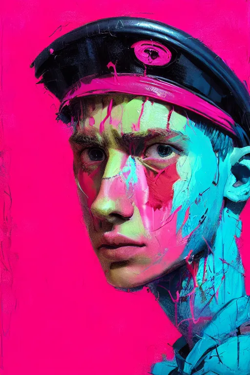 Image similar to portrait of a young soldier boy nor living in a death postapoliptic world, painted in acrylic, in the colors hot pink and cyan, beautiful face, rule of thirds, complex outfit, spotlight, octane render, dramtic lit, by greg rutkowski, by jeremy mann, by francoise nielly, by van gogh, digital painting