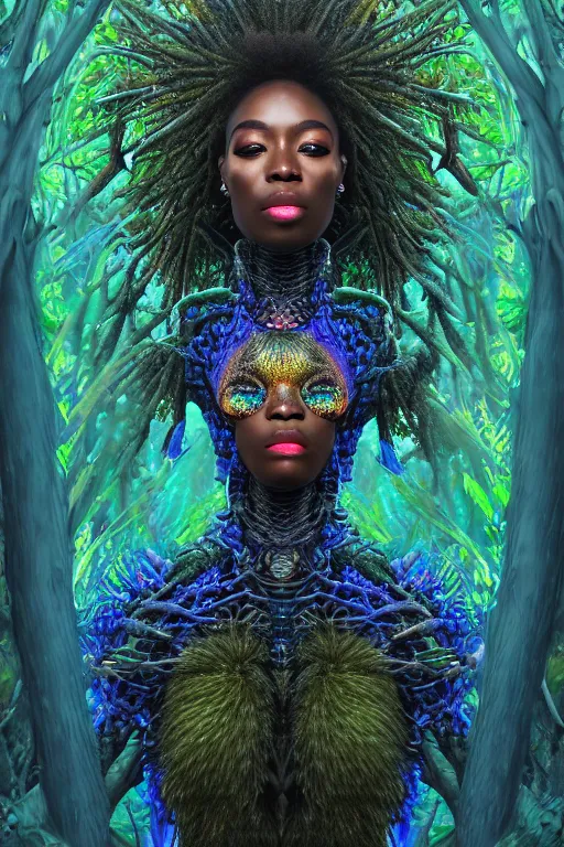 Prompt: hyperrealistic post-maximalist super expressive! black woman with exoskeleton armor, merging with tree in a forest, highly detailed digital art masterpiece smooth cam de leon hannah yata dramatic pearlescent blue teal light ground angle hd 8k sharp focus