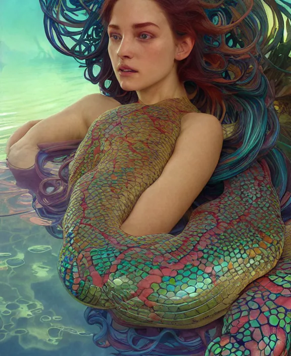 Prompt: intricate colorful transparent portrait of a disturbing beautiful alien snake creature, mottled coloring, adorable, childlike, underwater environment, ultra realistic, concept art, art nouveau, photorealistic, octane render, 8 k, unreal engine. art by christopher marley and artgerm and greg rutkowski and alphonse mucha