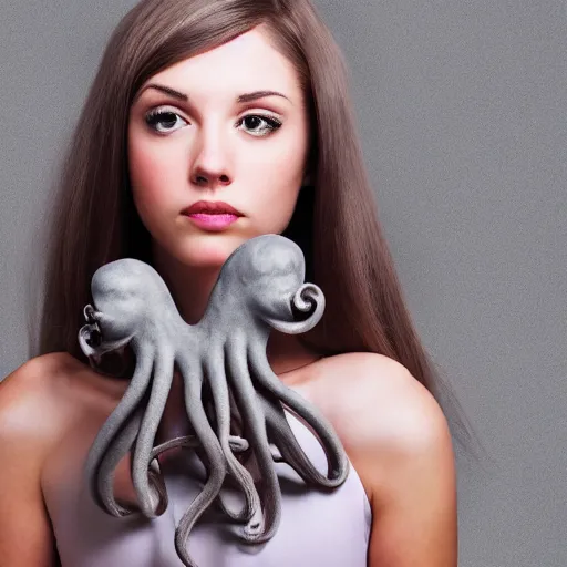 Image similar to girl with a gray octopus for hair, beautiful face, pretty face, photorealistic, 4 k resolution, wide angle lens, 1 5 mm, depth of field, serene, digital art.