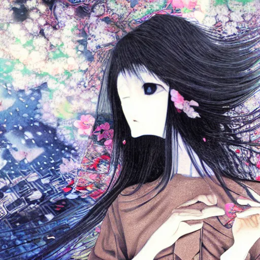 Image similar to yoshitaka amano blurred and dreamy realistic illustration of a young japanese woman with black eyes, wavy white hair fluttering in the wind wearing dress suit with tie, junji ito abstract patterns in the background, satoshi kon anime, noisy film grain effect, highly detailed, renaissance oil painting, weird portrait angle, blurred lost edges, three quarter view