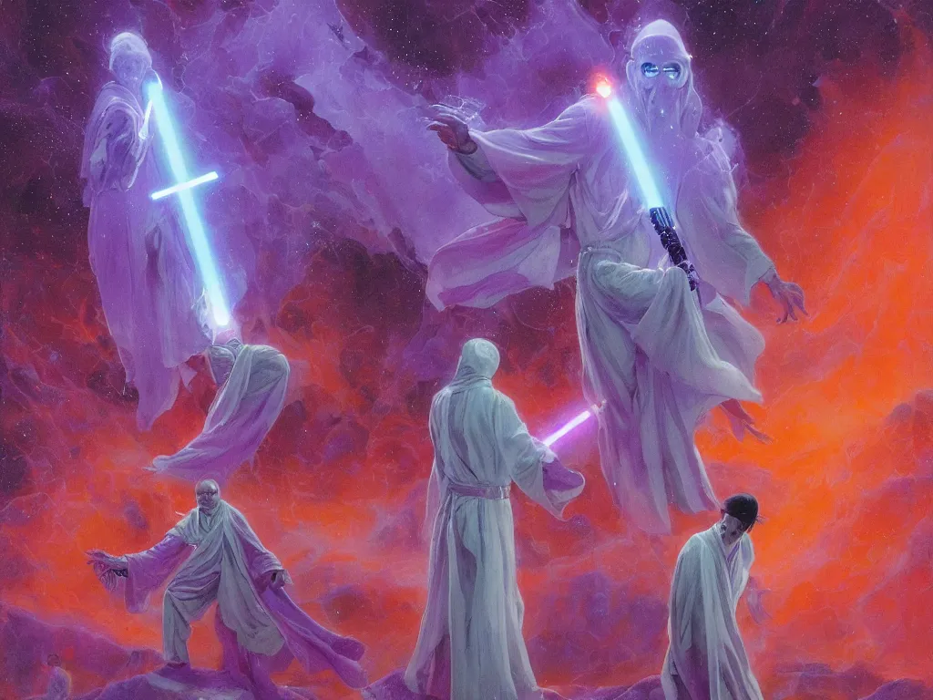 Prompt: a single jedi in white robes holding a purple lightsaber, spirit plane of nebula and fog mist, orange purple turquoise by wayne barlowe, by james jean, by paul lehr, by michael whelan