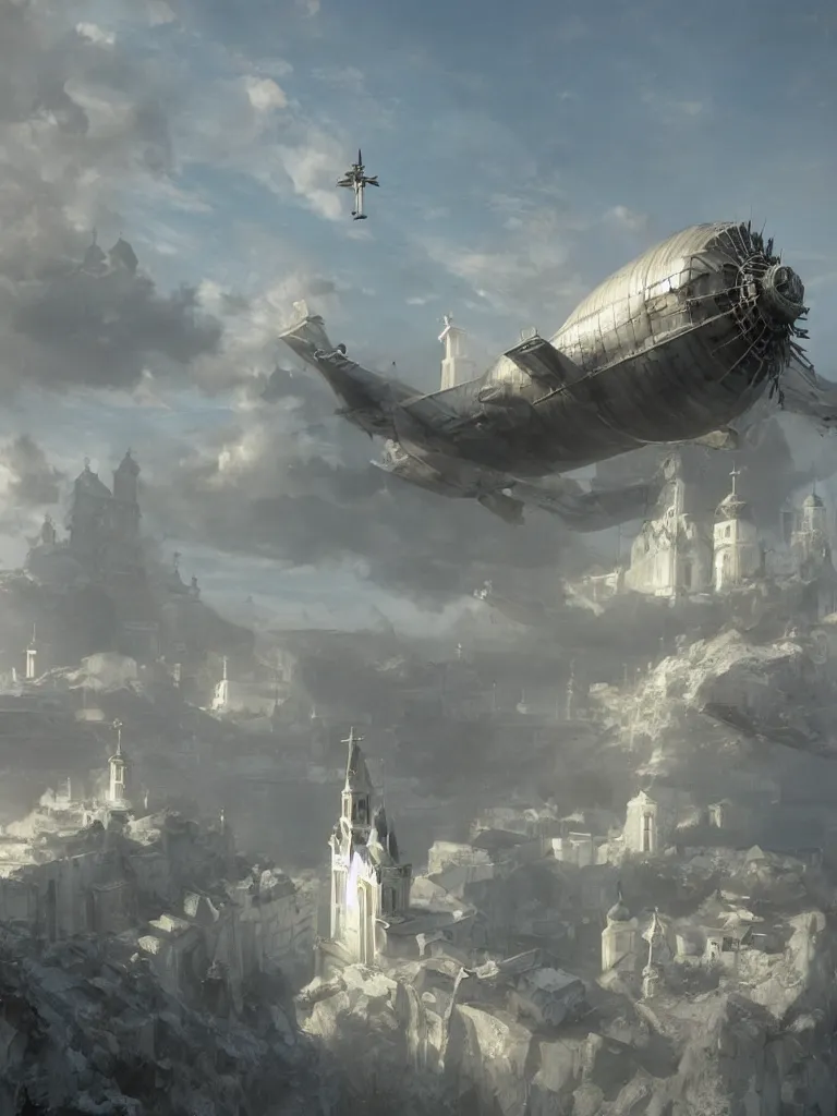 Image similar to a large dieselpunk airship is standing in the air over a splendid white church in russia, full morning sun, matte painting by greg rutkowski, craig mullins, federico pelat, levitan, rozalski