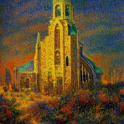 Prompt: a painting depicting an old church in a city, a pointillism painting by john anster fitzgerald, deviantart, impressionism, impressionism, apocalypse landscape, matte painting
