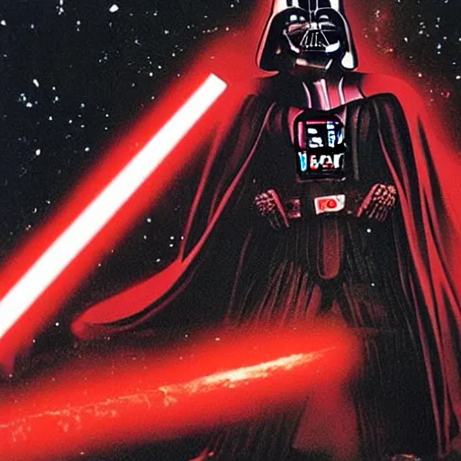 Prompt: Darth Vader with a red lightsabre, destroying his own ship