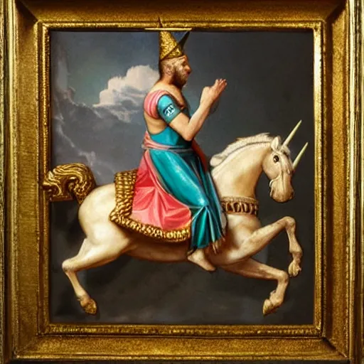 Image similar to roman emperor riding a wild unicorn, 8 k,