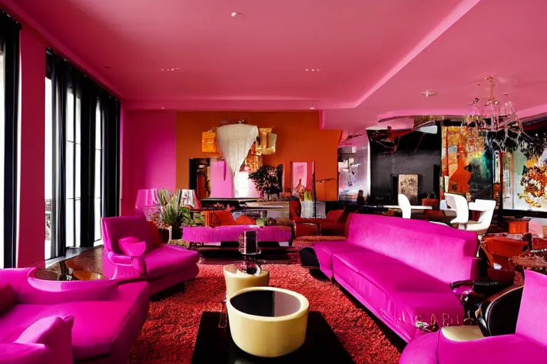 Prompt: cinematic interior establishing shot of a 7 0's living room, pink and orange, conversation pit, cocktail bar, party, evening atmosphere, interior design details, in the style of architectural digest