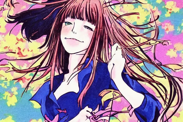 Image similar to Jane Birkin dancing, shojo anime, 90s, in the style of Oniisama E