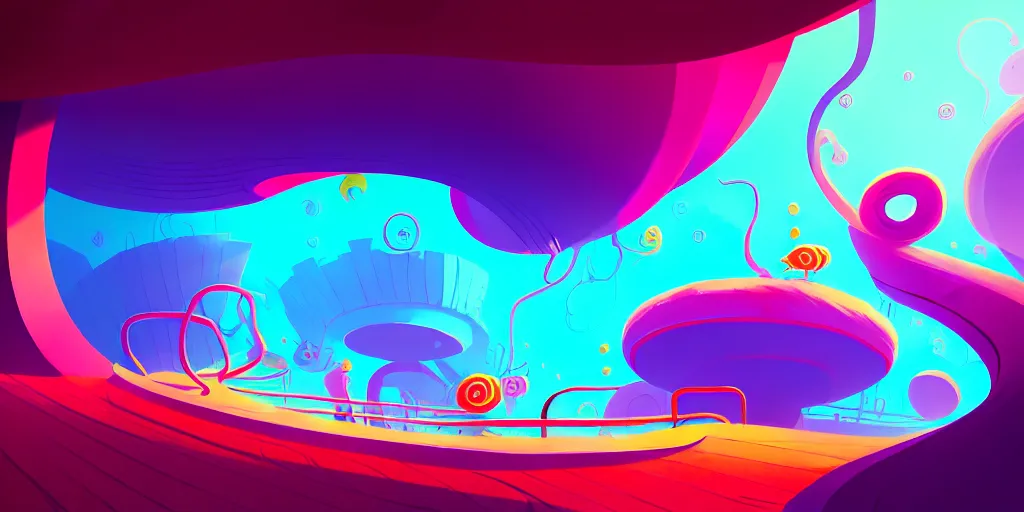 Image similar to spiral lines, minimalistic, extreme wide angle, curved perspective, digital art, cotton candy, subsurface scattering, indoor casino, by anton fadeev, lorax movie, underwater smoke, artstation