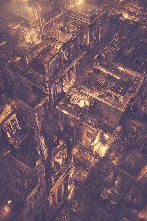 Prompt: aerial vue of steampunk paris, intricate details, realistic shaded , steampunk, highly detailed, artstation, pretty pretty face, illustration by Schuiten, art nouveau, octane render, dynamic light, volumetric light, neon lights, cinematic mood