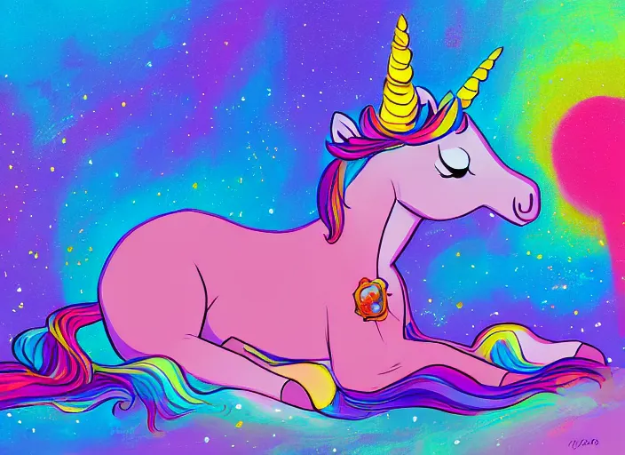 Image similar to unicorn relaxing, teed relaxing colorful, modern, disney, in style of pixar, highly detailed, sharp focus, digital painting