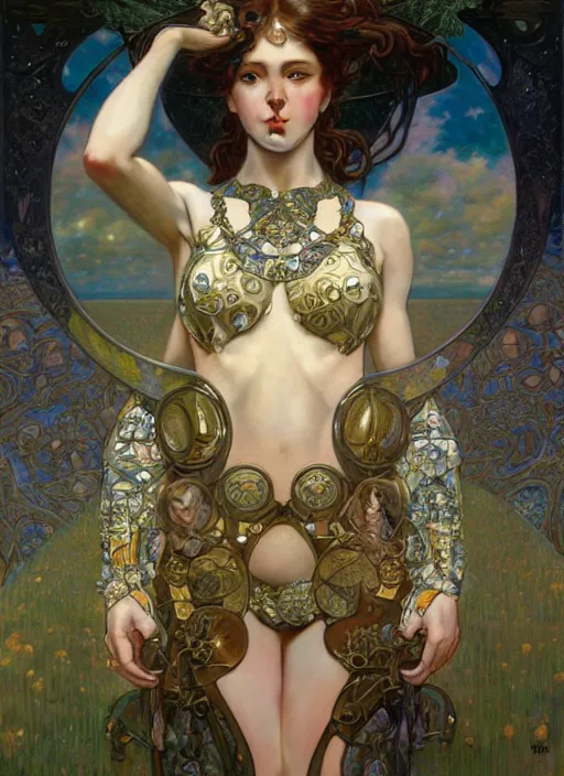 Prompt: hyper detailed masterpiece angellic girl elite by donato giancola and tom bagshaw, face by artgerm and edmund leighton, and alphonse mucha, trending on artstation, dreamlike, melancholy aesthetic, ornate, background by gustav klimt, 8 k, black gothic, majestic, volumetric lighting, porcelain skin, concept art, sharp focus