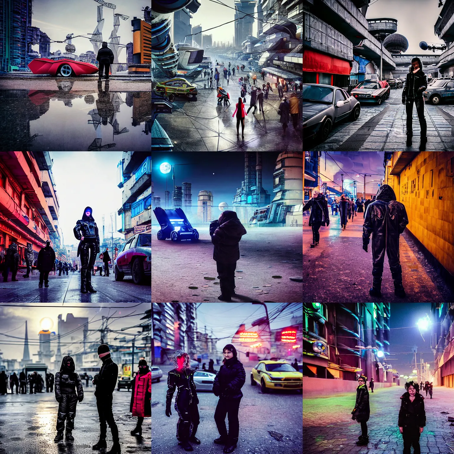 Prompt: people on the futuristic dangerous streets of a Russian cyberpunk slum city on the Moon, lots of flying cars, diverse, lively, black sky full of stars, blinding sun, Neo Norilsk, Neo Kyiv, sci-fi, lots of flying cars, levitation, cyberpunk outfits, photorealistic, grainy, 35mm, intricate, very very beautiful, elegant, smooth, cinematic, Unreal Engine 5, by Beeple, trending on Artstation HD