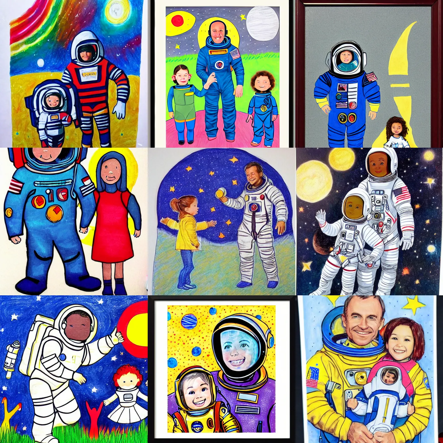 Prompt: a fully suited father astronaut with his fully suited toddler daughter, children's artwork, crayon, highly detailed